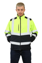 Load image into Gallery viewer, High Vis Softshell waterproof Jacket Yellow/Navy Removable hood