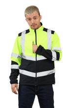 Load image into Gallery viewer, High Vis Softshell waterproof Jacket Yellow/Navy Removable hood