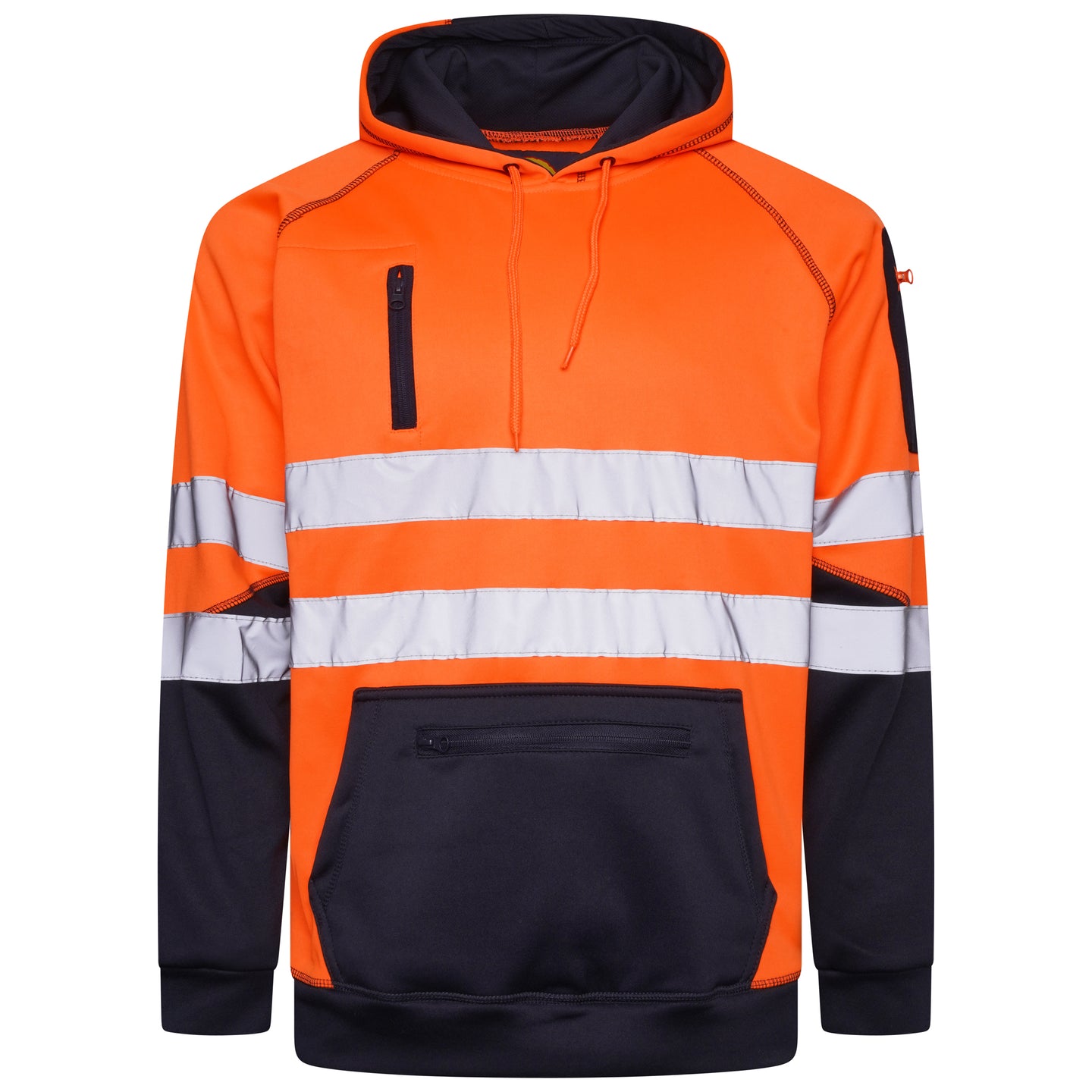 High Vis 3 Pockets 5 thread Pullover Hoodies - Orange/Navy