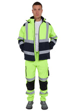 Load image into Gallery viewer, High Vis Softshell waterproof Jacket Yellow/Navy Removable hood
