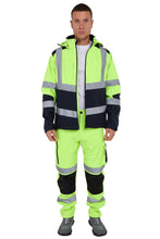 Load image into Gallery viewer, High Vis Softshell waterproof Jacket Yellow/Navy Removable hood
