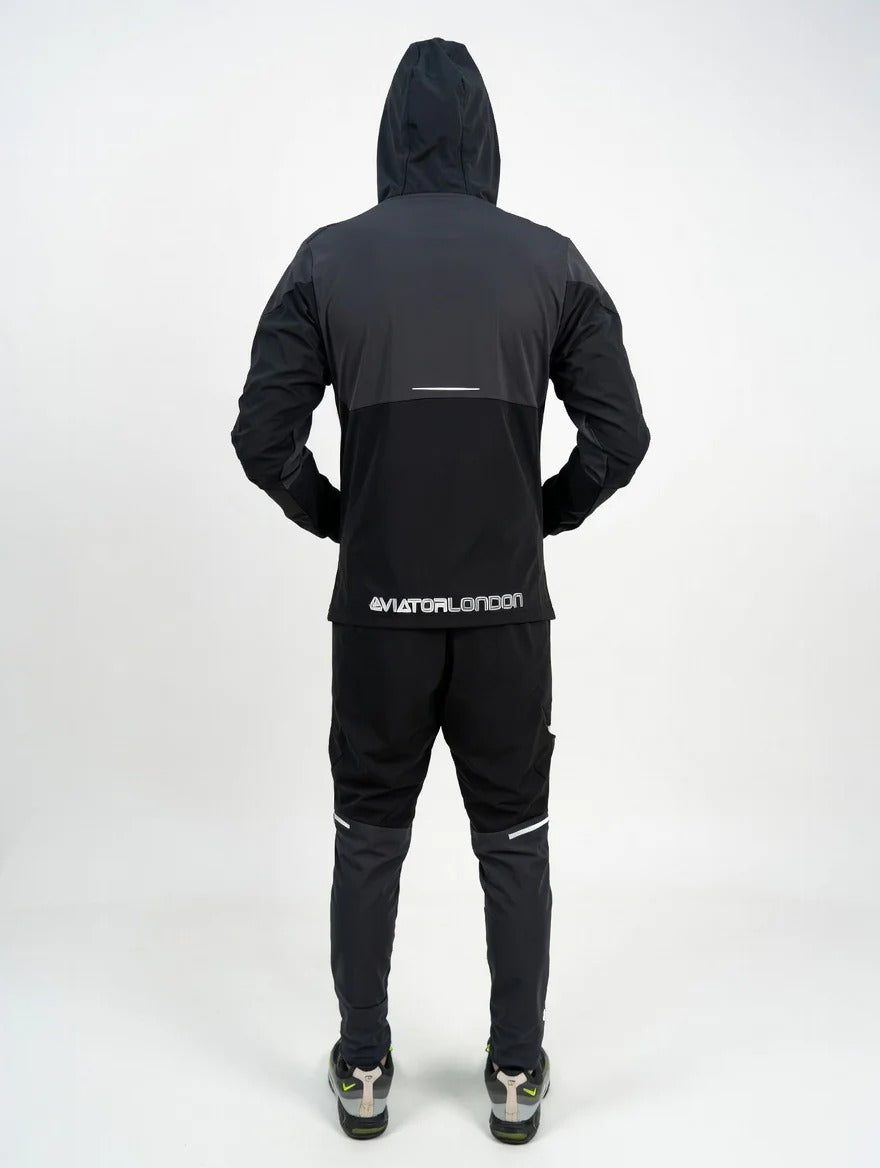 Aviator London Men's Performance Hooded Tracksuit – Athletic Training Set Black/Grey