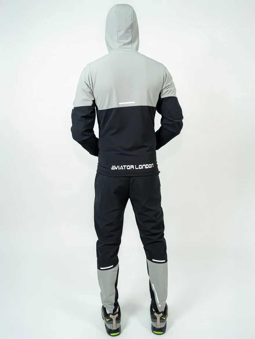 Aviator London Men's Performance Hooded Tracksuit – Athletic Training Set Silver/Black