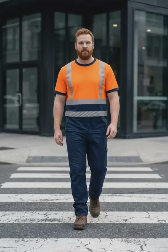 Mens Heat Print Hi Vis T-Shirt Orange/Navy AV-002