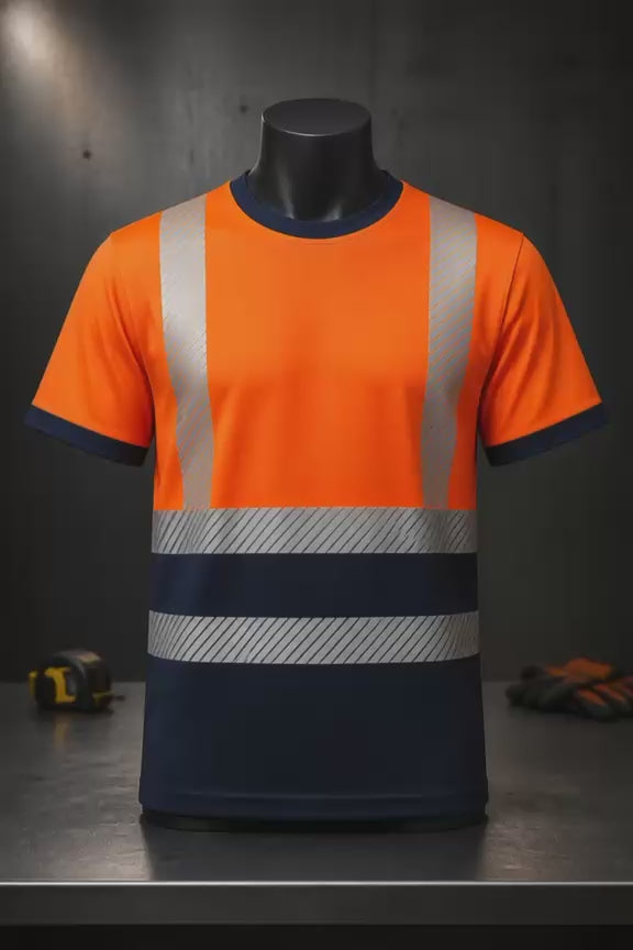 Mens Heat Print Hi Vis T-Shirt Orange/Navy AV-002
