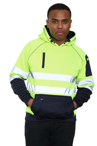 High Vis 3 Pockets 5 thread Pullover Hoodies - Yellow/Navy