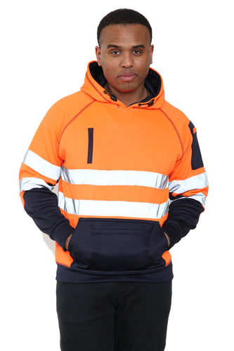 High Vis 3 Pockets 5 thread Pullover Hoodies - Orange/Navy