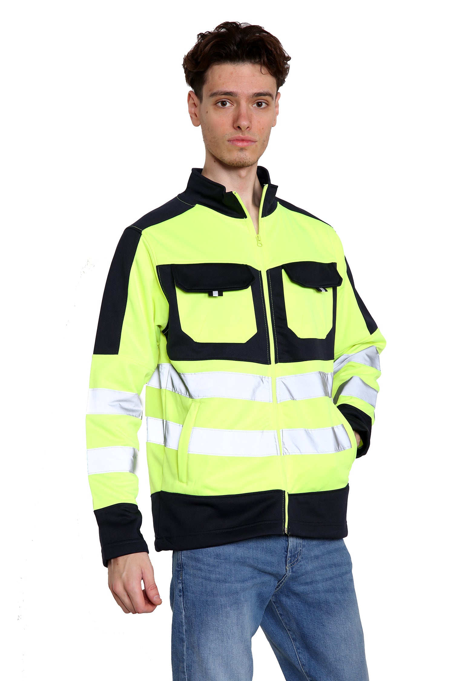 High Vis 4 Pockets Stand Collar Zipper Hoodie - Yellow/Navy