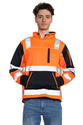 High Vis 4 Pockets Pullover Hoodie - Orange/Navy