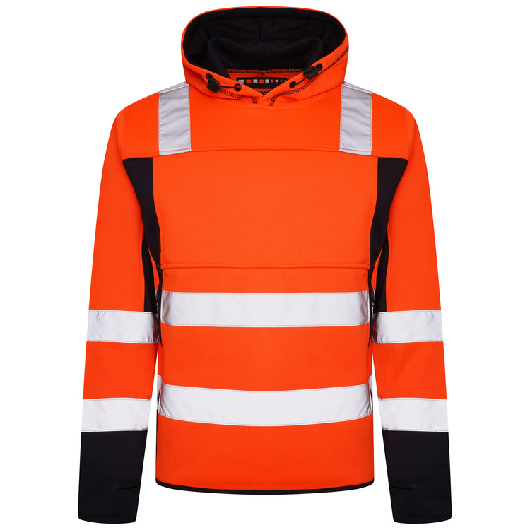 High Vis 2 Long Pockets Pullover Hoodie - Orange/Navy