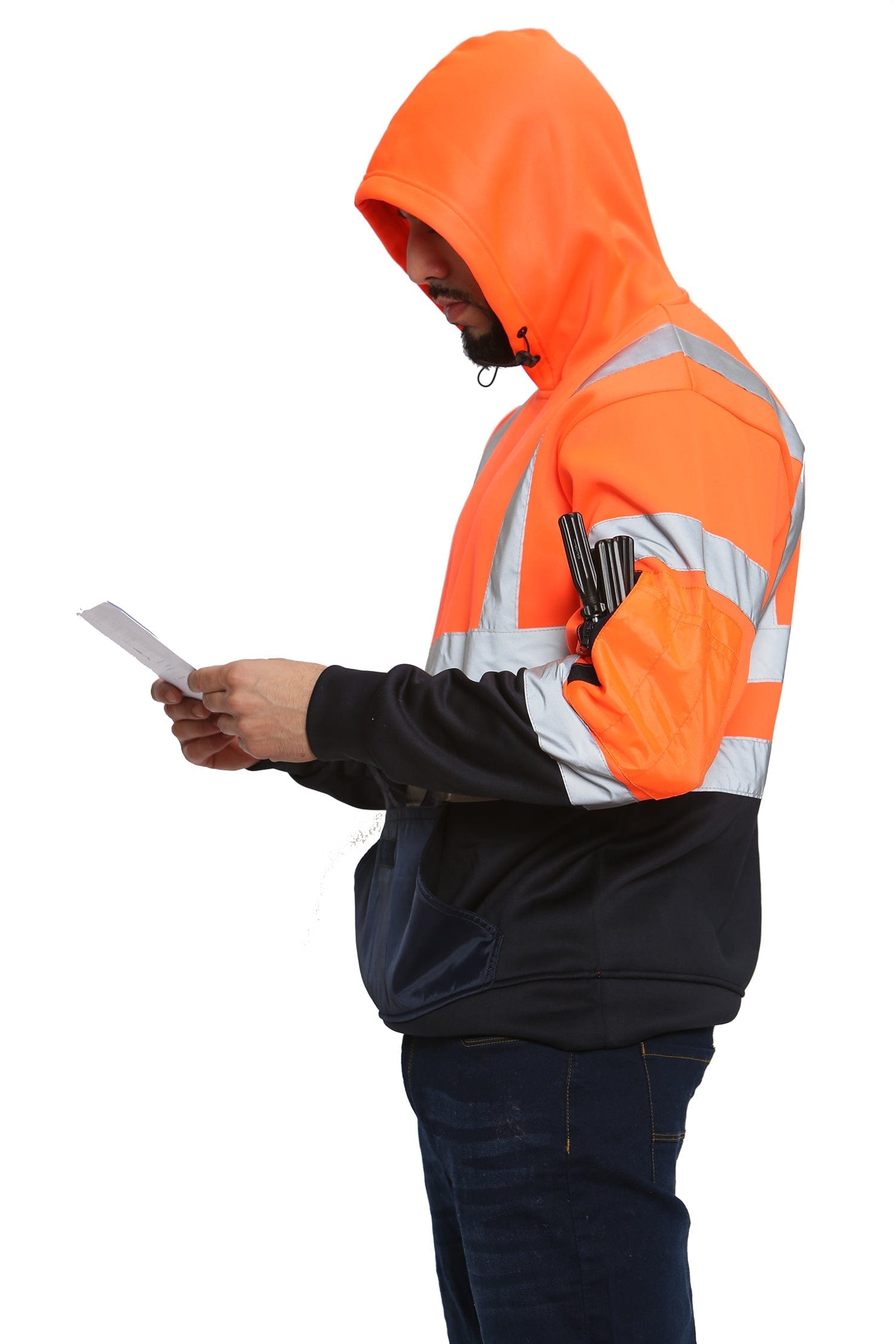 Aviator London Hi Vis Hoodie High Vis 3 Flap Pockets Pullover Hoodie - Orange/Navy