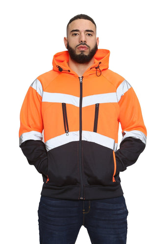 Aviator Work Wear High Vis EN ISO 20471 Class 3 - Orange/Navy 4 Pockets Zipper Hoodie